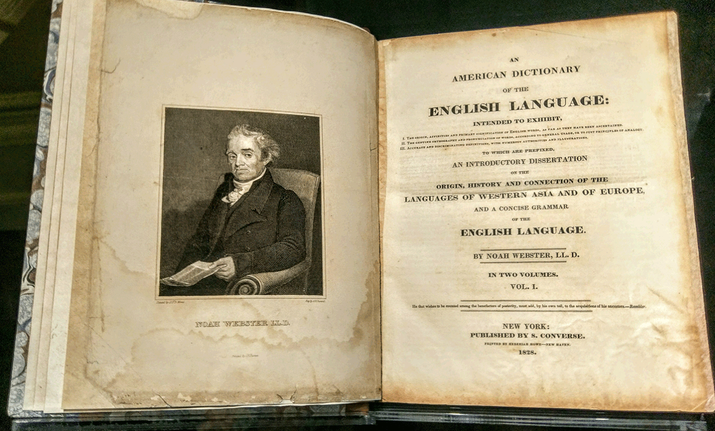 The title page of Noah Webster’s 1828 edition of the American Dictionary of the English Language. Courtesy Wikimedia
